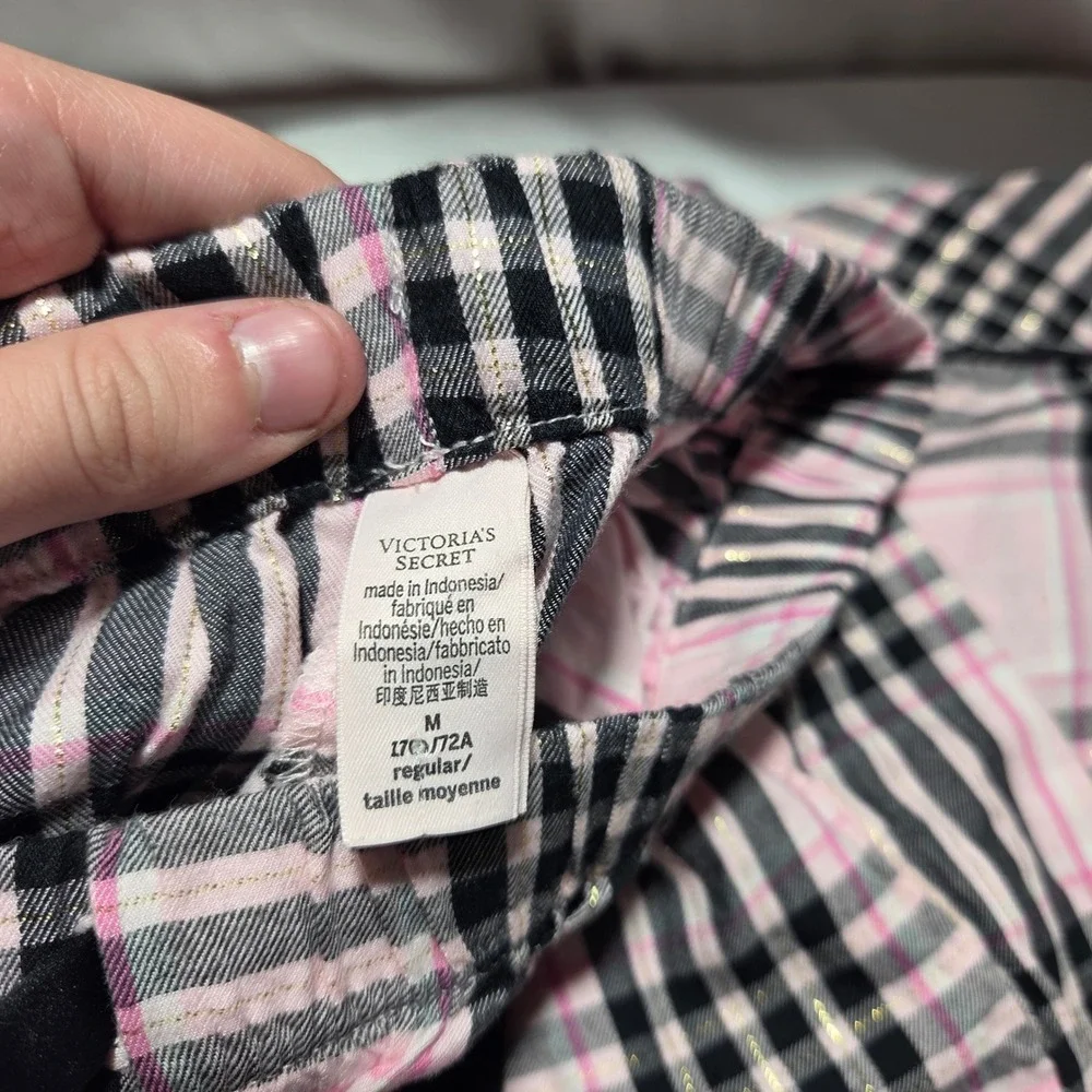 Victoria's Secret Pink Black Plaid Pajama Set Gold Lurex Y2K M Long Sleeve Pant